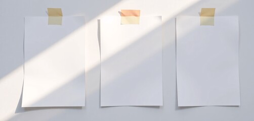Poster - Blank Paper Sheets On Wall With Tape, Simple Background For Message, White Paper Attached. Subtle Shadows Add Depth, Ideal For Presentations, Notes, And Creative Projects.