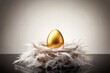 © Juergen Baur - Goldenes Osterei in einem Nest aus weißen Federn, minimalistisch und luxuriös inszeniert. Sanfte Beleuchtung betont den Glanz des Eies und die weiche Textur der Federn vor einem dezenten Hintergrund