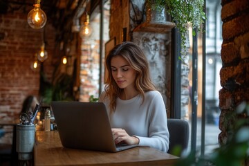Poster - Businesswoman focused on work in a modern cafe with brick walls and Edison bulbs during a busy afternoon