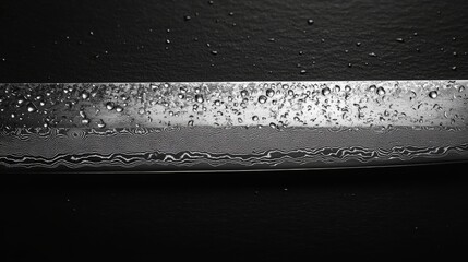 Fototapete - Highlighting the intricate pattern of a well-crafted steel blade, water droplets accentuate its sheen and texture, demonstrating expert metalworking skills.