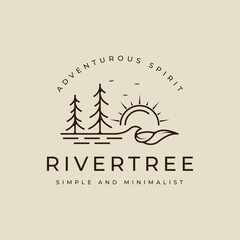 Wall Mural - pines and water line art logo vector simple minimalist illustration template icon graphic design. si