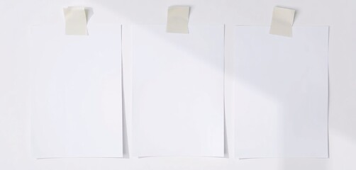 Poster - Blank Paper Sheets, Attached With Tape. Misaligned Pages, Subtle Shadows. Office Mockup. Presentation Background. Space For Text. Simple Backdrop. Organized Workspace. Clear Surface. Visual Resource.