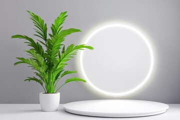 Aufkleber - Elegant plant in a minimalist white pot with soft white light illuminating its green leaves creating a calm vibe