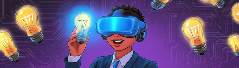 Poster - Man with virtual reality headset holding a glowing light bulb symbolizing innovative ideas and digital creativity