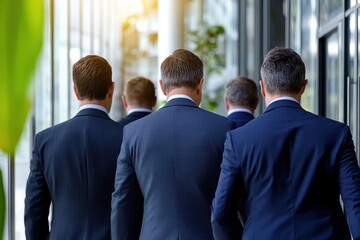 Poster - Group of professional men dressed in suits engaged in discussion inside a modern office space with collaborative energy