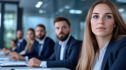 Poster - Dedicated woman contributing actively in a business meeting with colleagues and engaging in important discussions