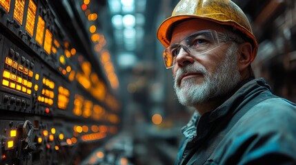 Fototapete - A technician in a protective helmet and goggles monitors automated machinery in a steel and aluminum manufacturing plant. The facility is equipped with advanced technology and lighting.