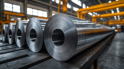 Poster - In a large factory setting, multiple rolls of steel and aluminum are neatly arranged on wooden pallets. Workers are engaged in processing and automation, showcasing advanced manufacturing techniques.