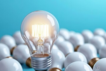 Aufkleber - Light bulb surrounded by multiple white bulbs creating a contrast of brightness and illuminating ideas in a unique way