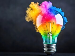 Poster - Light bulb filled with vibrant rainbow colored smoke creating a magical and whimsical atmosphere of creativity