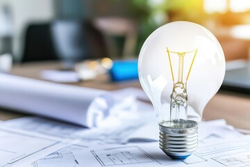Poster - Light bulb placed on top of detailed blueprint illustrating innovative ideas and creative solutions for design projects