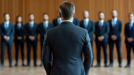 Poster - Confident man in a formal suit addressing a group of men in a professional setting with engaging body language and gestures