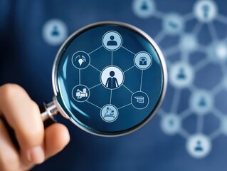 Aufkleber - Magnified hand holding a magnifying glass with a diagram of people and social icons representing interactions and connections