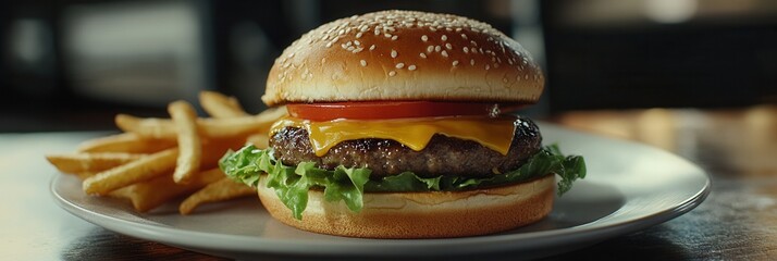 Aufkleber - Delicious cheeseburger with fresh toppings and crispy fries served on a white plate in a cozy restaurant setting