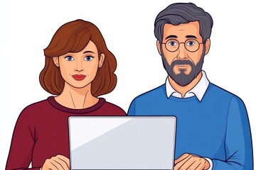 Poster - Couple engaged in discussion while looking at a laptop screen in a modern indoor environment with natural light