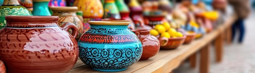 Poster - Vibrant table displayed with an array of colorful vases showcasing artistic designs and styles in a bright setting
