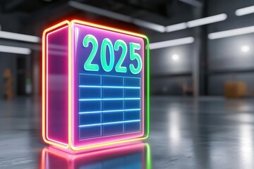 Poster - Eye-catching neon sign displaying the year 202 creating a futuristic and trendy urban atmosphere in a city
