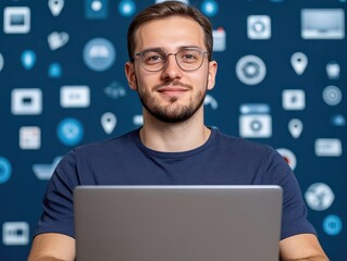 Poster - Focused man wearing glasses working on a laptop at a modern workspace surrounded by minimalist office elements