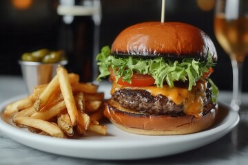 Aufkleber - Delicious cheeseburger served with fries and garnished with lettuce, tomato, and cheese at a cozy restaurant setting