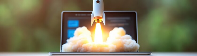 Leinwandbilder - Dynamic scene of a rocket launching from a laptop screen representing the intersection of technology and space exploration