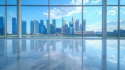 Fototapete - A panoramic view captures a stunning city skyline through expansive glass windows. The clear blue sky and shimmering reflections enhance the architecture's beauty, showcasing urban life