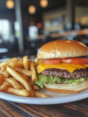 Aufkleber - Delicious cheeseburger with fresh toppings and crispy fries served in a cozy restaurant setting during lunchtime