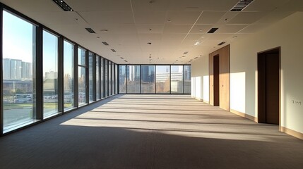 Fototapete - Sunlight floods a vast, empty office space with floor-to-ceiling windows, highlighting sleek lines and a stunning cityscape beyond. The tranquil ambiance invites creativity and focus