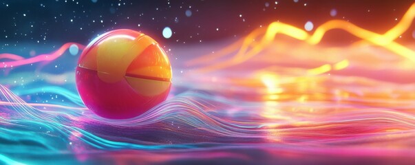 Wall Mural - vibrant abstract sphere on a wavy colorful surface with glowing light trails