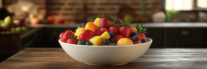 Aufkleber - Fresh fruit bowl arranged on wooden table in rustic kitchen with brick walls