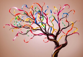 Aufkleber - Abstract Tree Artwork, Colorful Swirling Ribbons Create Branches That Are Intertwined. Soft Light Enhances The Whimsical Nature. A Gentle Background Completes This Peaceful Scene.
