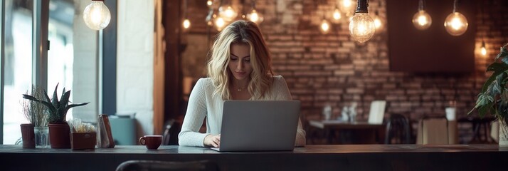 Poster - Businesswoman working on laptop at a modern cafe with brick walls and Edison bulbs, balancing productivity and style in a trendy atmosphere