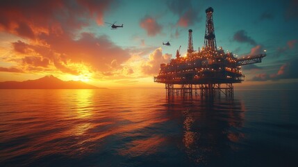 Poster - Offshore drilling rig is illuminated by a vibrant sunset, with helicopters in flight nearby, highlighting industrial activity in the petrochemical sector.