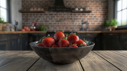 Aufkleber - Fresh fruit bowl featuring ripe strawberries on a rustic wooden table in a cozy kitchen with brick walls