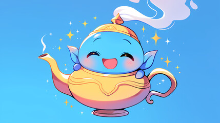  Cheerful animated genie emerging from a magical teapot with sparkling effects against a blue sky
