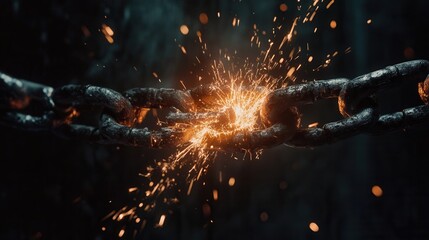 Aufkleber - Heavy iron chain breaks apart, sparks flying in mid-air, symbolizing freedom and the moment of liberation from oppression in dramatic detail