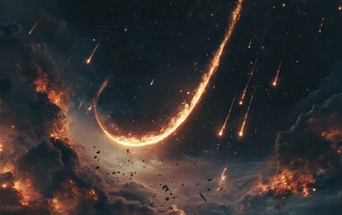 Wall Mural - dramatic celestial event fiery meteor shower and asteroid impact in a starry night sky.