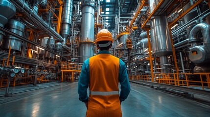Aufkleber - A worker in safety gear stands in a modern petrochemical refinery, surrounded by intricate machinery and piping. The facility showcases advanced processing and engineering technology.