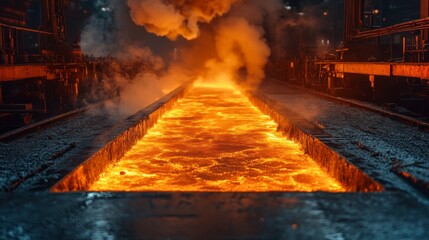 Fototapete - Molten steel pours from a large furnace, glowing orange as it flows into a casting mold.