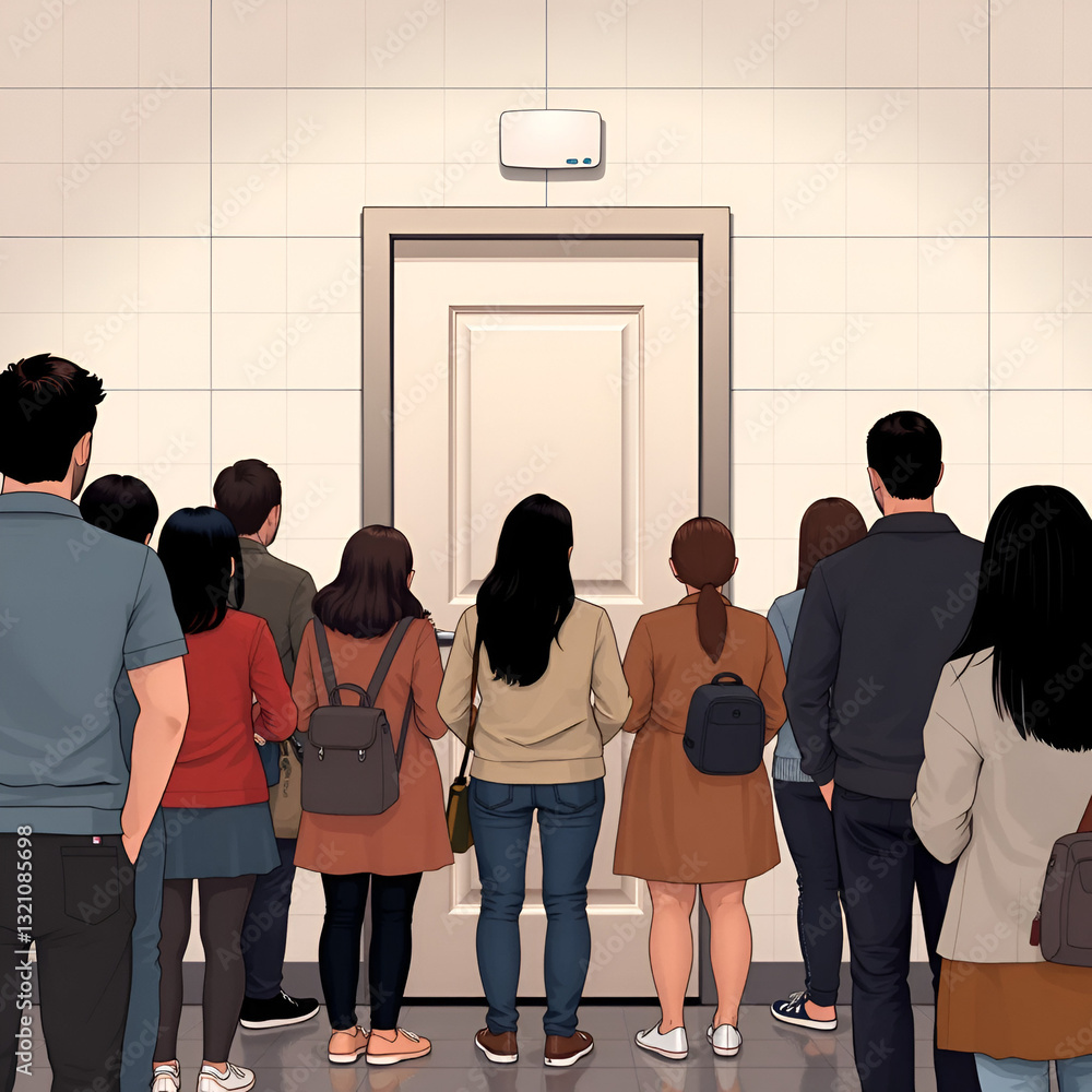People standing in queue to the closed toilet door vector isolated ...