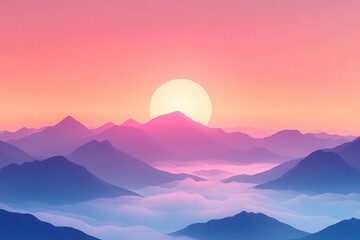 Wall Mural - Serene Mountain Landscape at Sunset Pastel Colors, Foggy Valleys, and Tranquil Scene.