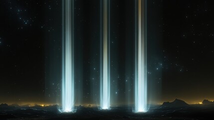 Wall Mural - majestic light beams ascending from alien planet under starry sky, science fiction landscape