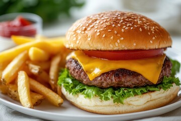 Aufkleber - Juicy cheeseburger with fresh toppings served alongside golden fries in a casual dining setting