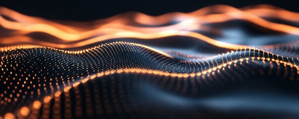 Wall Mural - glowing neon waves and dots create dynamic abstract digital art with orange and black tones