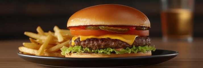 Aufkleber - Delicious cheeseburger with fries served on a black plate at a casual dining restaurant