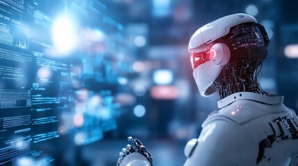 Futuristic robot interacts with digital data stream