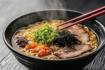 Aufkleber - Steaming bowl of ramen with pork, seaweed, and green onions arranged with chopsticks on a wooden surface