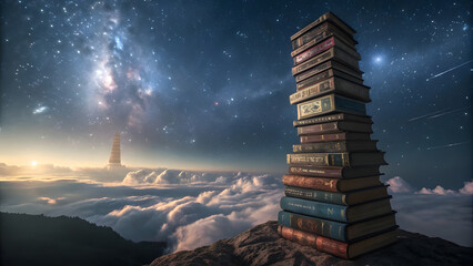Wall Mural - Tower of Energy Books Holding Universal Laws. Perfect for: Spirituality, Universal Laws, Akashic Records