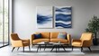 © ngamaz - Modern living room with mustard armchairs, sofa, and abstract art
