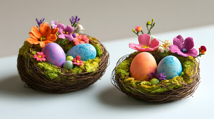 stylized easter nests filled with bright eggs and flower accents.