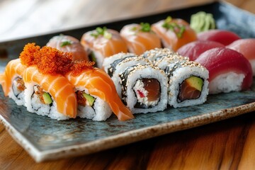 Poster - Sushi plate showcasing diverse rolls and nigiri with spicy tuna at a rustic wooden table